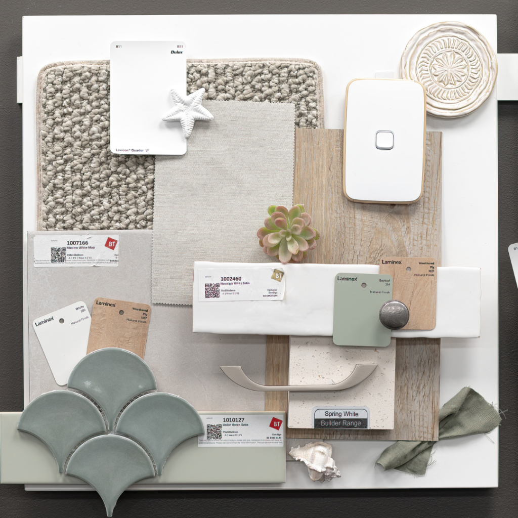 Mood board of sea green and neutral colours